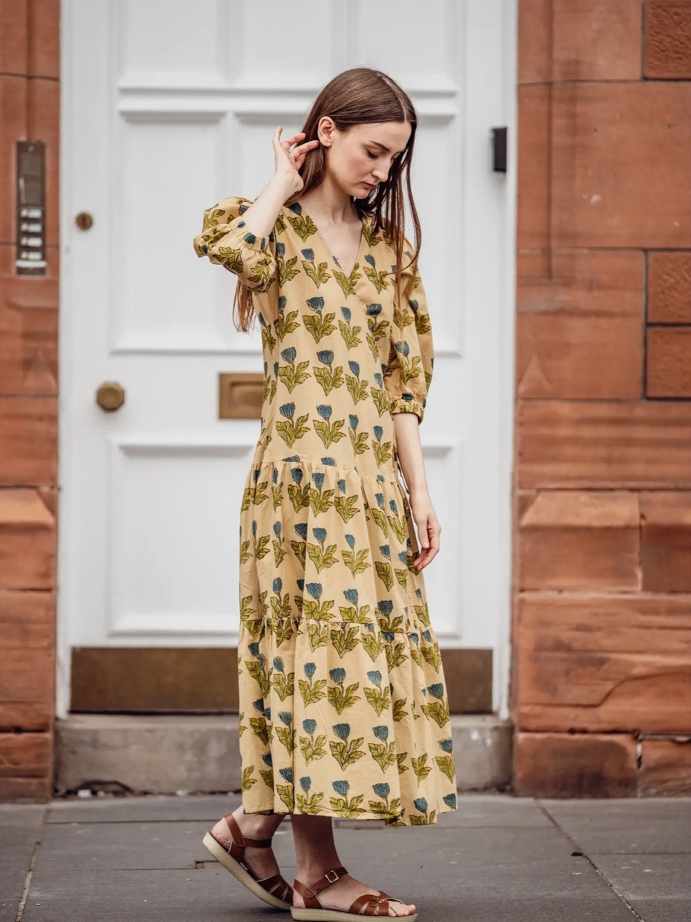 Tiered V-Neck Floral Midi Dress in Mustard /similar to Daughters of India style